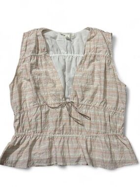 Ruched Tie-Front Sleeveless Top - Pastel Plaid
